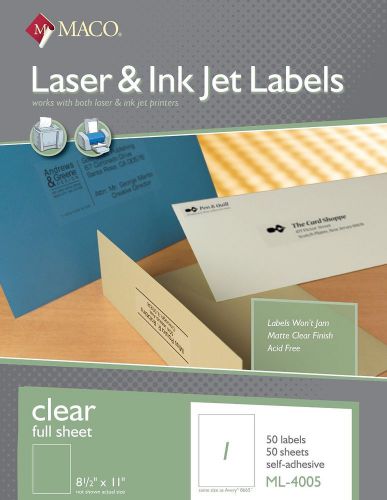 New Maco ML-4005 Clear Label for Laser - 8 1/2&#034; x 11&#034;  - 50/ Full Sheet