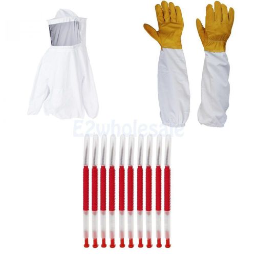 Beekeeping Veil Suit Jacket Smock +10 Queen bee Grafting Tool +Protective Gloves