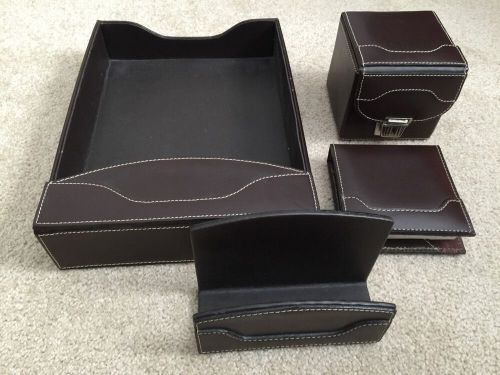 BOMBAY &amp; CO. STITCHED FAUX LEATHER 4 PC.DESK SET - Chocolate Brown - NICE!