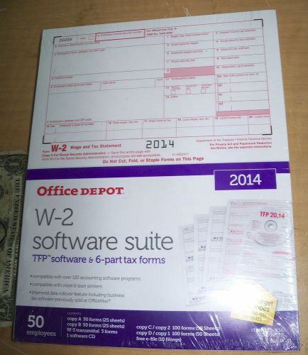 2014 50 W-2 Tax Forms 6-part Software Suite CD New Sealed Office Depot Laser