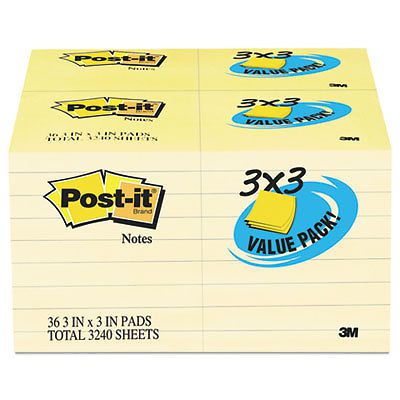 Note Pad, 3 x 3, Canary Yellow, 90-Sheet, 36/Pack, Sold as 1 Package