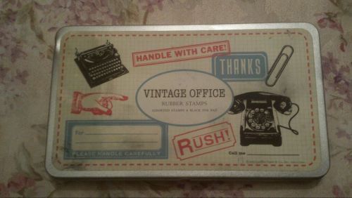 Vintage Office Wooden rubber Stamps 8 Pieces in Keepsake Tin With Ink Pad