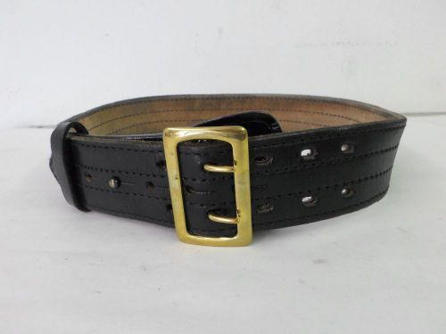 AKER Black Leather Duty Belt, Size 34, 2 1/4&#034; Wide w/ Brass color Buckle