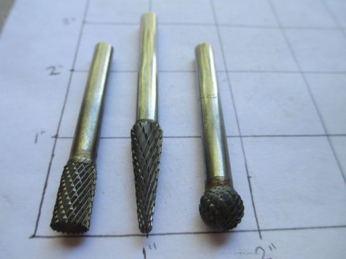 3 usa made carbide deburring burrs 11/32&#034;, 3/8&#034;, 5/16&#034; double cut, ball, cone for sale