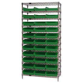 Wire shelving with (33) 4&#034;h plastic shelf bins green, 36x18x74 for sale