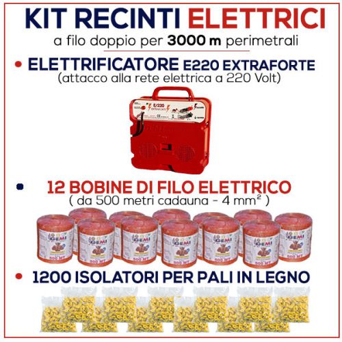 ELECTRIC FENCE COMPLETE KIT for 3000 mt - ENERGIZER + WIRE + INSULATORS