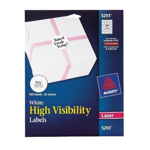 Avery High Visibility 1-2/3 Inch Diameter White Labels 600 Pack (5293) New