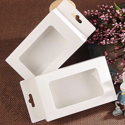 White paperboard clear window with hang hole packaging box for wedding gift pack for sale