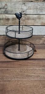 2-Tier Wood and Metal Round Trays With Rooster Top, Black