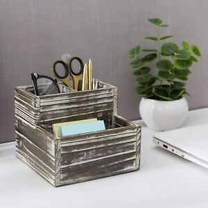 Rustic Torched Wood Decorative Desktop Office Stationary Supplies Organizer