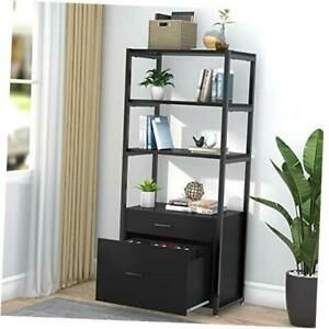 Bookcase Bookshelf, 4-Tier Modern File Cabinet with 2 Drawers, Lateral Black