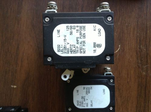 Airpax lel1-31651-15-v 125v 15 amp circuit breaker lot of 4 &amp; 1 iel0-31891-50 for sale