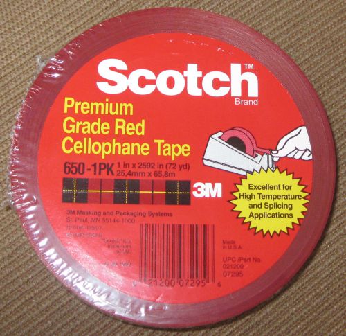 3M Scotch Cellophane Tape 650 Red, 1 in x 72 yd High Temp Free Shipping !!!