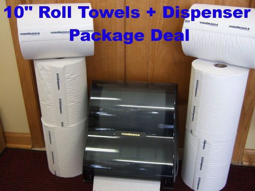 AUTOCUT TOWEL DISPENSER  PACKAGE DEAL INCLUDES SIX 10&#034; WIDE ROLL TOWELS