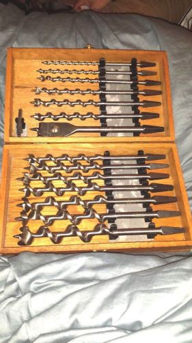 Vintage irwin auger bits in wooden box full set of 14 plus extra blade unused for sale