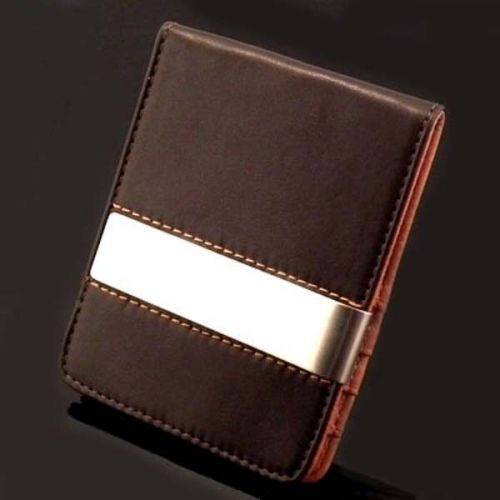 BROWN LEATHEROID BUSINESS ID CREDIT CARD HOLDER CASE WALLET STEEL MONEY CLIP NEW