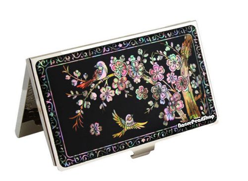 Mother of Pearl Business Card &amp; Credit Card Holder with Plum and Blossom Design
