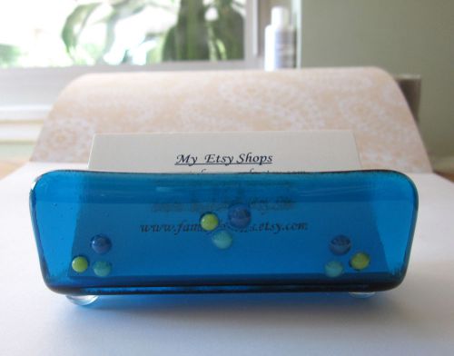 Business Card Holder Fused Glass in Green Wispy
