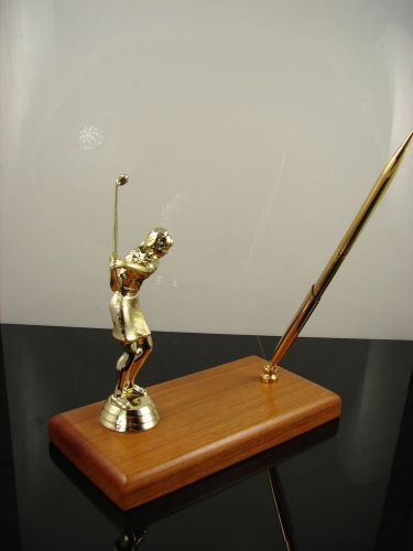 Cherry Wood Gold Tone Lady Golfer Trophy Pen Desk Set Golf Sport Accessory