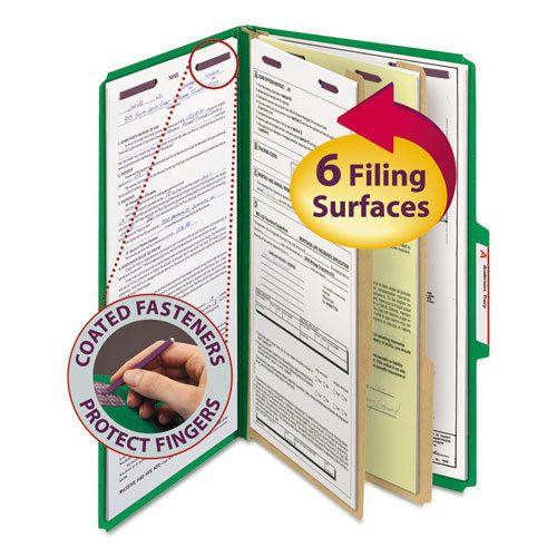 Pressboard classification folders, legal, six-section, green, 10/box for sale