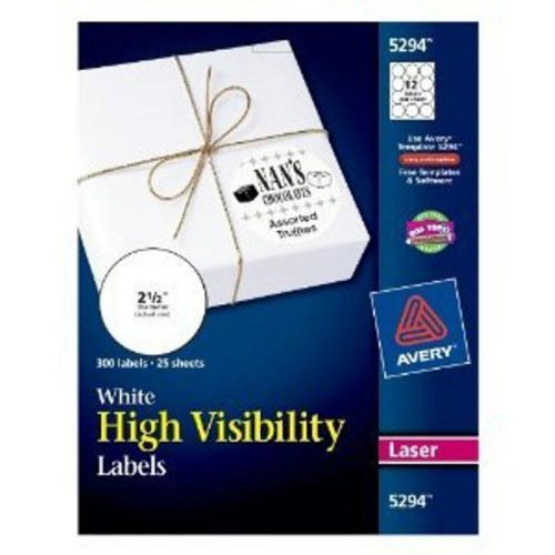 Avery High Visibility 2 1/2 &#034; Diameter White Labels 300 Pack (5294)