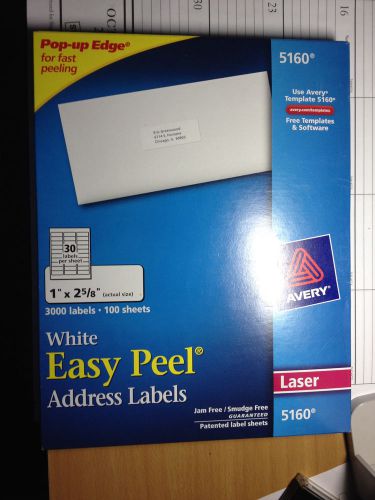 New Avery® 5160 White Laser Easy Peel® Address Labels, 1&#034; x 2-5/8&#034;, 3000/Pack