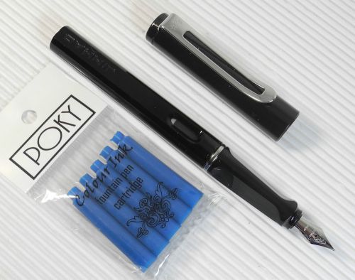 JINHAO 599B Fountain pen BLACK plastic barrel free 5 POKY cartridges BLUE ink
