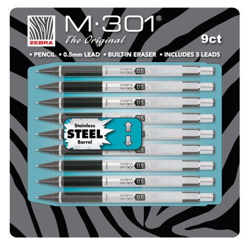 New 9 pk Zebra M-301® Stainless Steel Mechanical Pencil