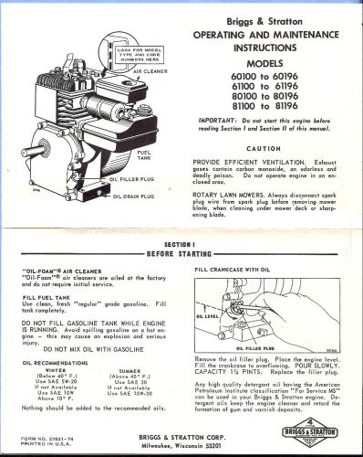Briggs &amp; Stratton Operating Instructions 60100-96, 61100-96, 80100-96, 81100-96