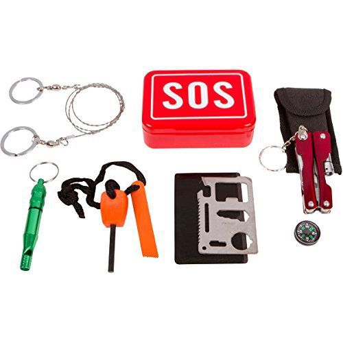 9-Pc Emergency Survival SOS Kit w Tin Case - Flashlight Wire Saw Whistle Compass