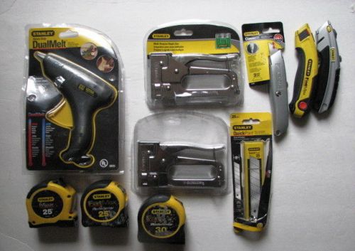 Stanley (10) Assorted Tools - Glue gun-Staplers- Knives- Tape measures
