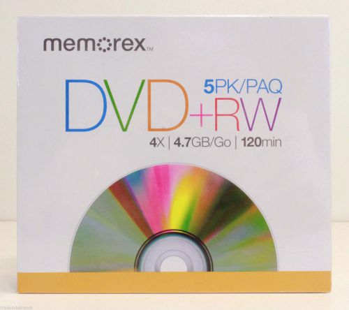 Memorex DVD+RW 4X 4.7GB 120 minute Video 5 Pack Rewritable Data Media NEW SEALED