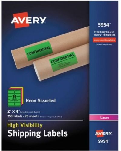 Avery Neon Shipping Label, Laser, 2 X 4, Neon Assorted, 250/Box