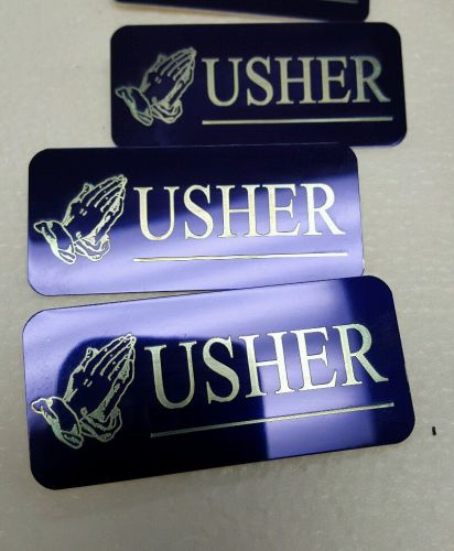 10 purple with gold Letters Engraved Usher Name Tags Badges Pin Back