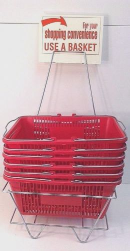 Lot of 9 Red Shopping Baskets with Metal Holder and Shopping Sign