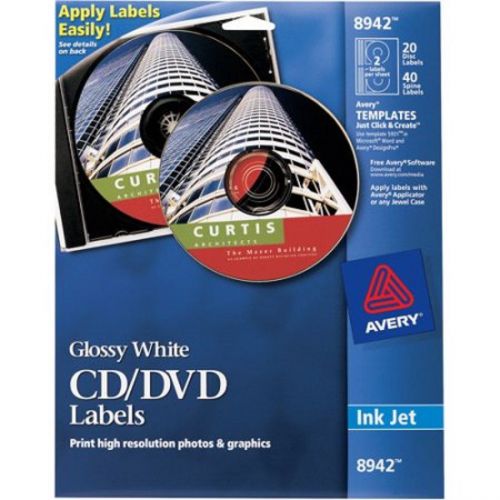 Avery Glossy White CD Labels for Inkjet Printers 8942, 20 Disc Labels and 40 Spi