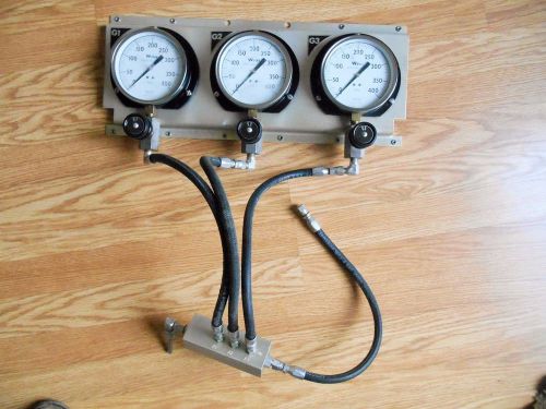 3 weiss hydraulic 4-1/2&#034; gauges w/ fluid control valves, valve body, hoses for sale