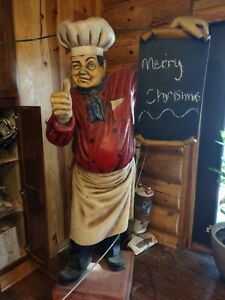 6 Foot Tall Fiberglass Chef Statue Holding A Chalkboard Menu And Giving A Thumbs