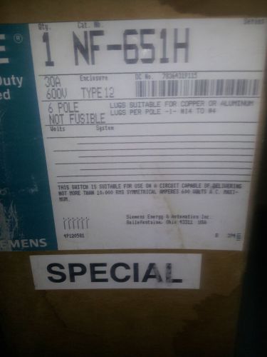 SIEMENS NF-651H NIB 30A 600V NON FUSED TYPE 12 6 POLE DISCONNECT #A20