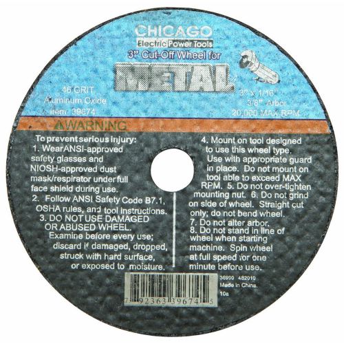 3&#034; 46 Grit Metal Cut-off Wheel 3/8&#034; Arbor 20,000 RPM Max Aluminum Oxide Abrasive