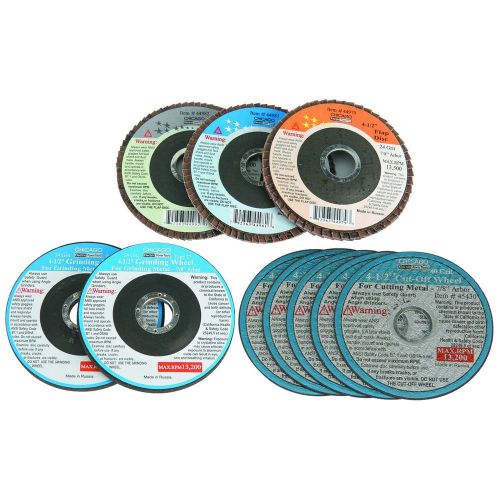 10 pack of 4-1/2&#034; grinding wheel, cutoff wheel, &amp; flap disc assortment for metal for sale