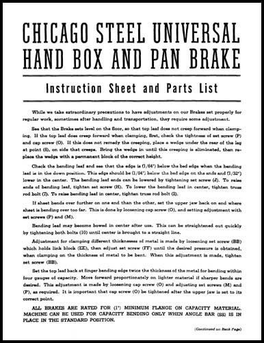 Chicago Dreis &amp; Krump  Hand Box &amp; Pan Brake Manual