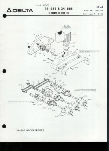 Original Factory Delta 34-985 &amp; 34-995 Stockfeeders Parts List Manual SF-1