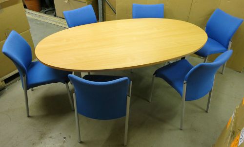 Beech Wood Oval Boardroom Meeting Table with 6x Stackable Blue Office Chairs