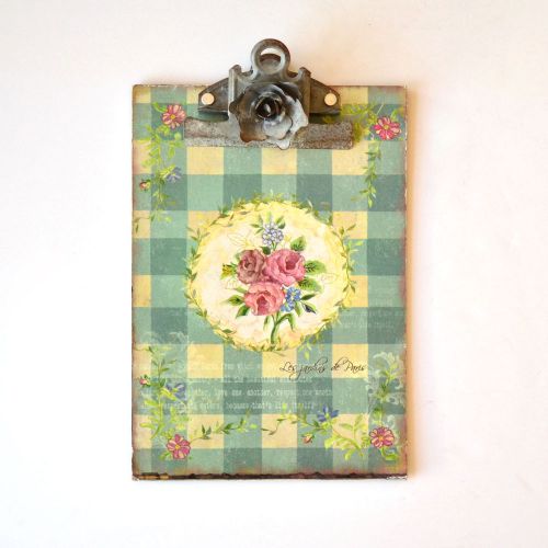 Shabby Cottage Chic Petite Blue Clipboard Roses Vintage Style Cute Gingham