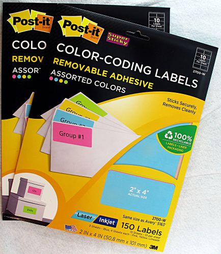 Very Rare 2 Packs New Post-It Color-Coding 2X4 2700-W Removable 300 Total Labels
