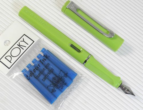 JINHAO 599B Fountain pen APPLE GREEN plastic barrel + 5 POKY cartridges BLUE ink
