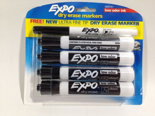 5 expo dry erase markers low odor ink 4 chisel tip 1 ultra fine black new for sale