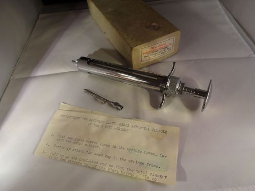 Nice vintage veterinary syringe stainless steel with glass barrel &amp; instructions for sale