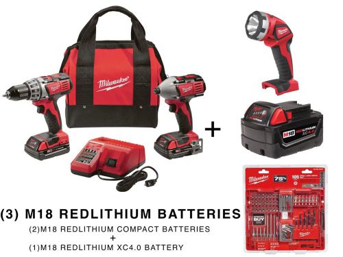Milwaukee Combo Kit, Drill/Driver + Impact + (3) Batteries + Flashlight + Bits
